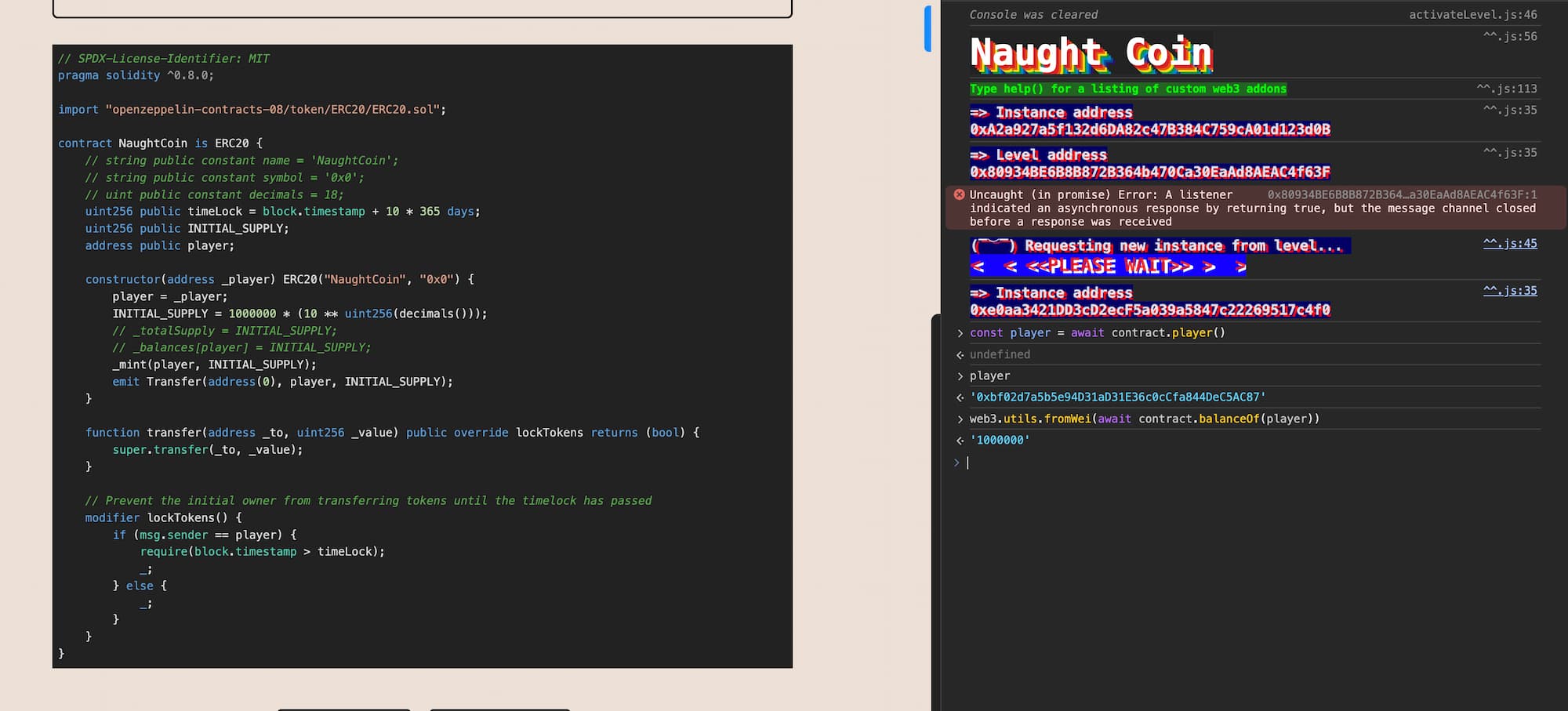 Ethernaut Level 15 Naught Coin Walkthrough - Solidity code and console output for solving the Ethernaut challenge. The image shows steps and commands used to tackle the Naught Coin challenge in the Ethernaut game.